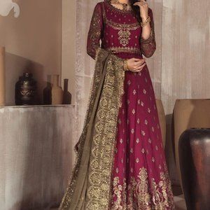 3 peice lengha choli, magenta and dull gold.